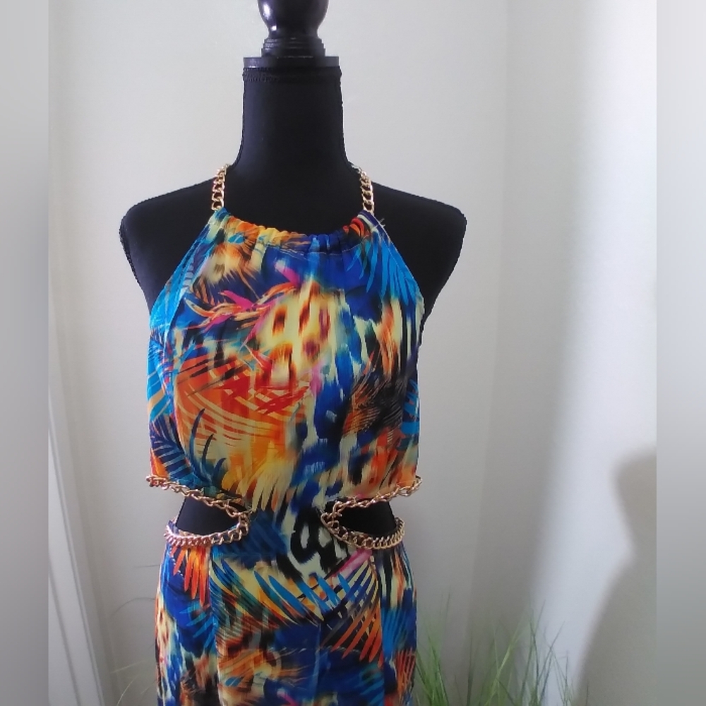 Tropical Vibrant Multi Colored Cutout Chain Link Maxi Halter Dress- Size Large - Picture 4 of 12